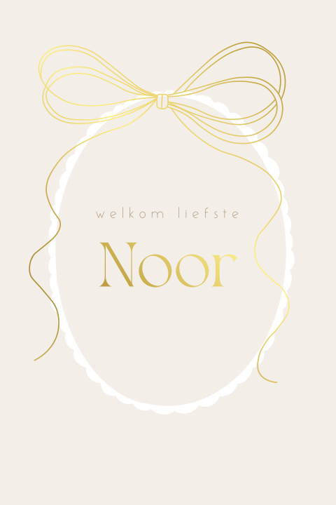 Klassiek geboortekaartje beige met goudfolie strik
