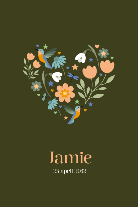 Geboortekaartje met groot hart van bloemen en vogels op groen