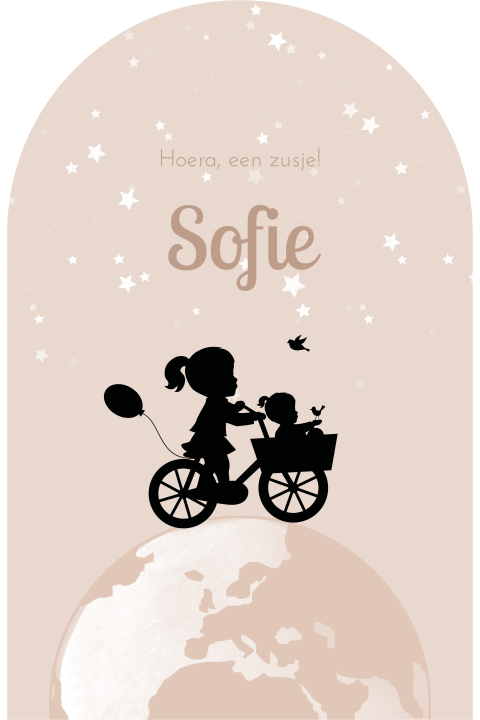 Uniek geboortekaartje in de vorm van een arch met wereldbol