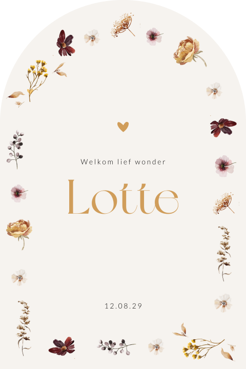 Romantisch archvorm geboortekaartje met bloemen