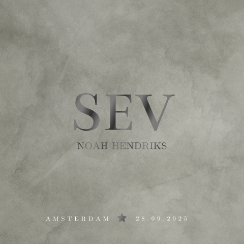 Grijs velvet-look geboortekaartje met zwarte hoogglans voor jongen