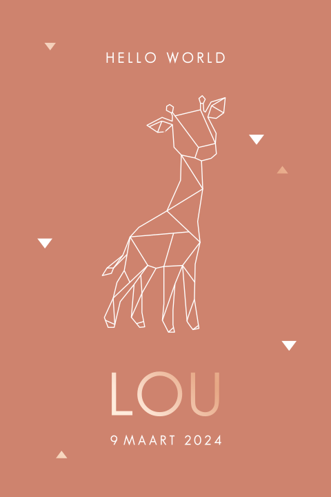 Lief roségoudfolie geboortekaartje met geometrische giraffe