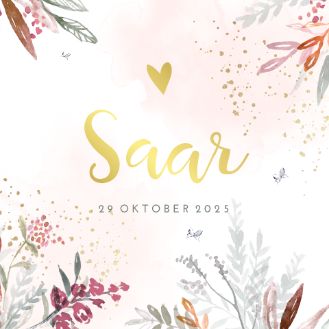 Trendy goudfolie geboortekaartje meisje met bloemen in herfst tinten