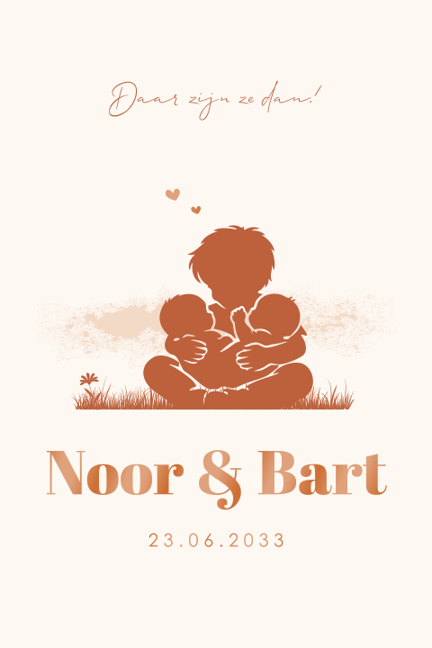 Geboortekaartje met grote broer en tweeling silhouet in hoogglans