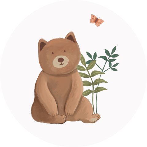 Sluitsticker met getekend beertje, takjes en vlinder