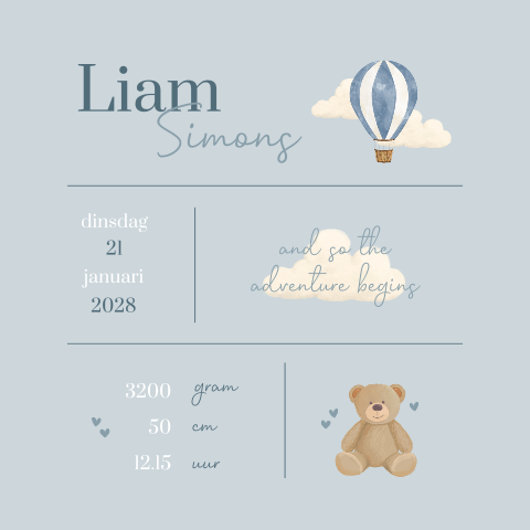 Uniek geboortekaartje met beertje en luchtballon en geboortegegevens