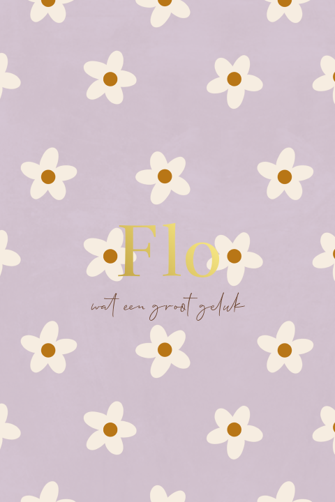 Lief geboortekaartje lila met bloemetjes en goudfolie