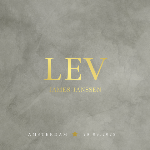 Grijs velvet-look geboortekaartje met goudfolie voor een jongen