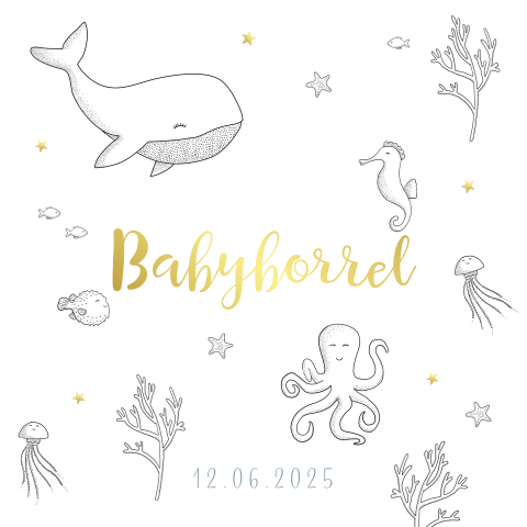 Hippe goudfolie babyborrel uitnodiging met getekende zeedieren