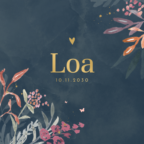 Donkerblauw geboortekaartje voor meisje met matgoudfolie