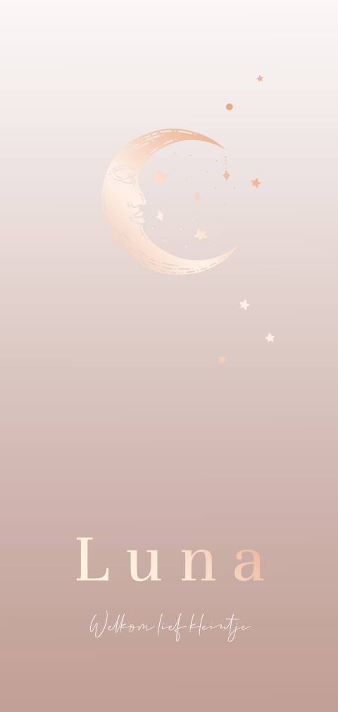 Lief geboortekaartje met roségoudfolie maan en sterren voor een meisje