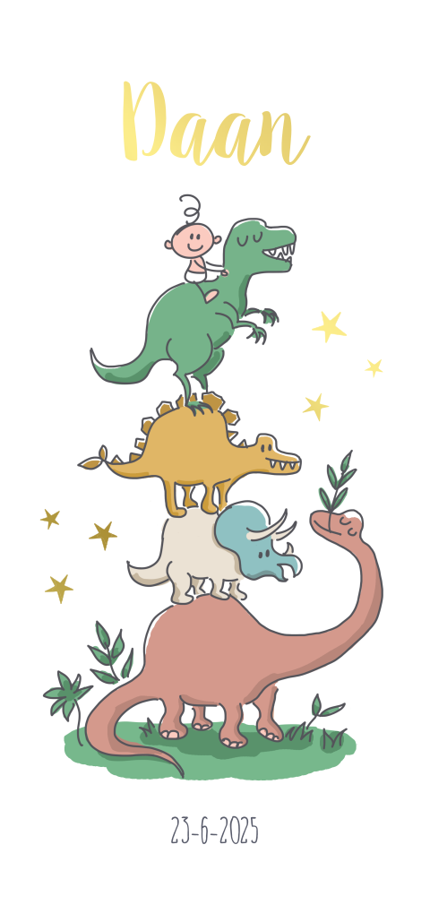 Kleurrijk geboortekaartje met dino's en goudfolie voor een jongen