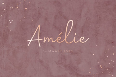 Romantisch geboortekaartje meisje met spetters in roségoudfolie