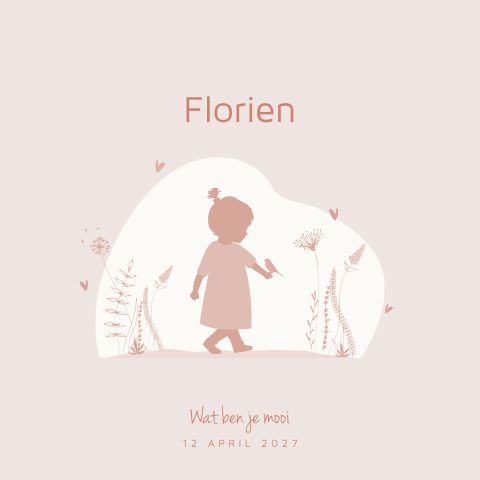 Lief geboortekaartje met silhouet van meisje tussen de bloemen
