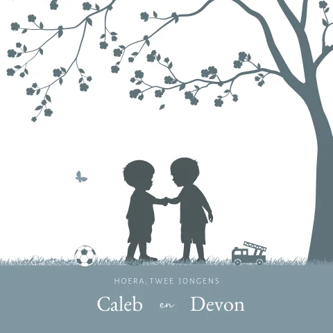 Lief geboortekaartje voor tweeling jongen met silhouet
