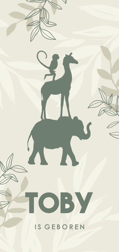 Avontuurlijk groen geboortekaartje met jungledieren voor een jongen