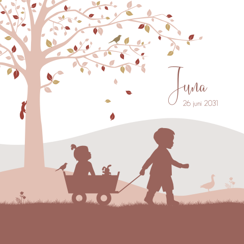 Herfst geboortekaartje voor zusje met boom en silhouetjes