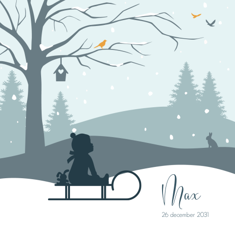 Winters geboortekaartje met silhouet van jongen op slee