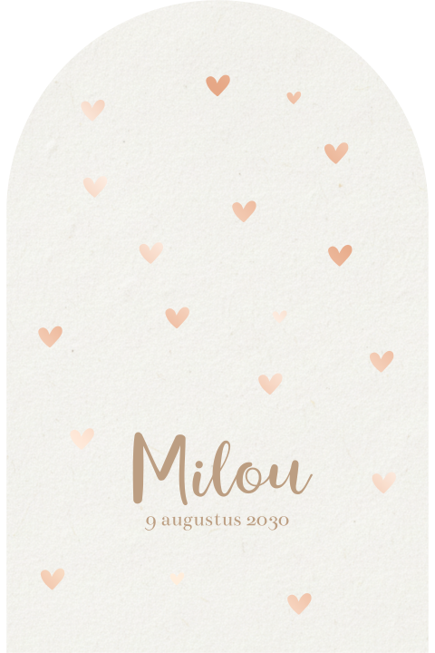 Leuk geboortekaartje met roségoud foliedruk in boogvorm