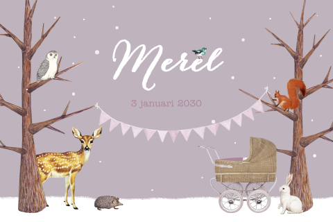 Winters geboortekaartje voor meisje met bosdieren in sneeuw op paars