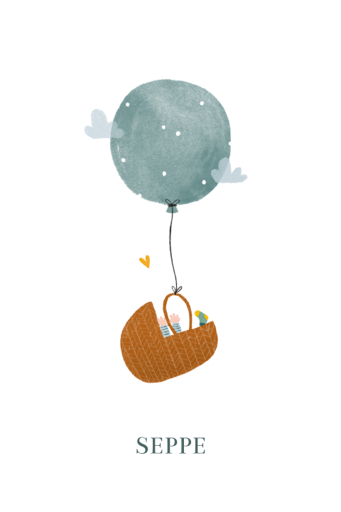 Origineel geboortekaartje voor een jongen met baby in mand aan ballon