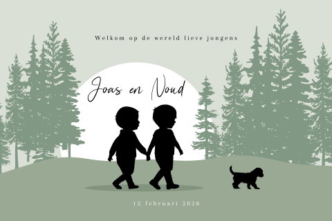 Tweeling geboortekaartje groen met silhouetjes in het bos