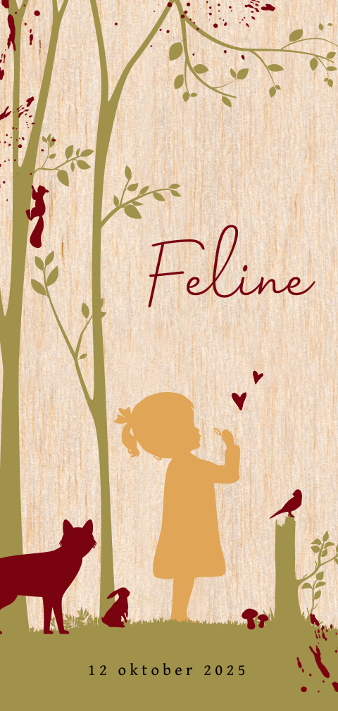 Hip echt houten geboortekaartje meisje met silhouet van kindje