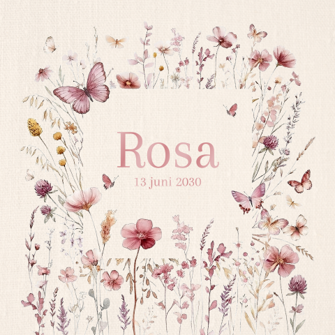 Dubbel vierkant geboortekaartje met roze bloemen