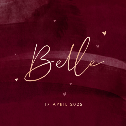 Sfeervol geboortekaartje met roségoudfolie en hartjes voor een meisje