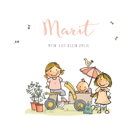 Lief geboortekaartje met tekening van zusjes en baby in houten kar