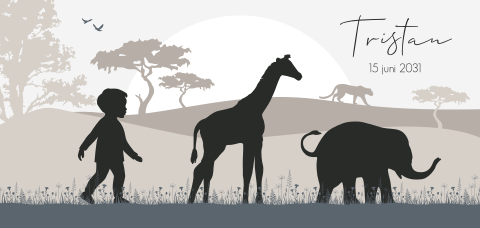 Jungle geboortekaartje jongen blauw met silhouetje en dieren