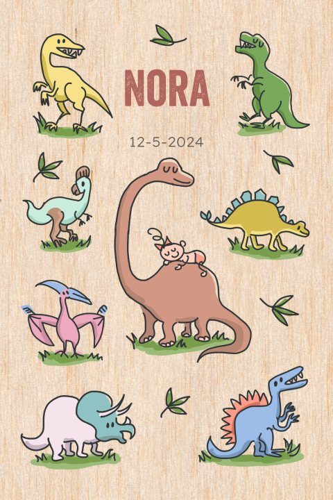 Kleurrijk geboortekaartje met dino's op écht hout