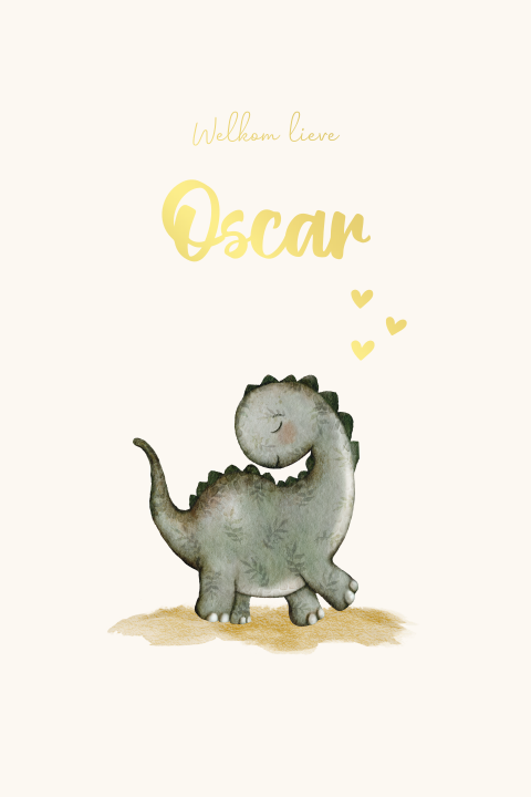 Lief geboortekaartje met illustratie van dino en goudfolie