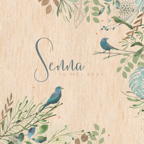 Echt houten geboortekaartje met illustratie vogeltjes