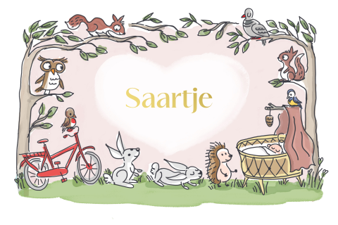 Goudfolie geboortekaartje meisje met wiegje in het bos