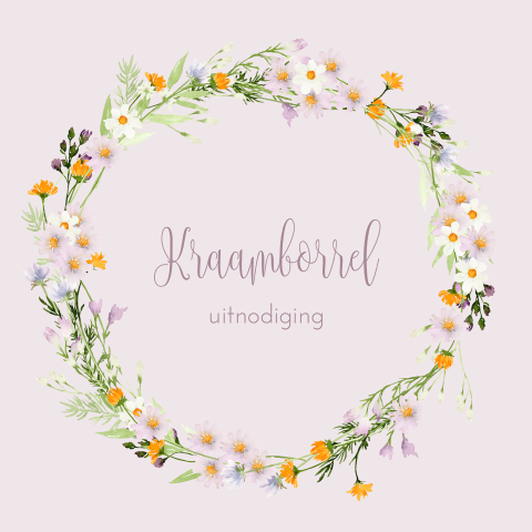 Kraamborrel uitnodiging lila met bloemenkrans