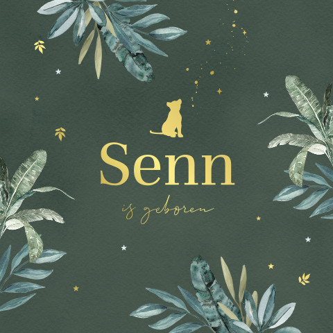 Trendy geboortekaartje voor jongen met goudfolie leeuwtje silhouet