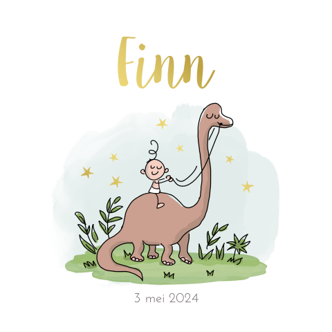 Stoer geboortekaartje met goudfolie en illustratie van jongen op dino