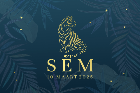 Goudfolie geboortekaartje voor jongen met tijger en jungle bladeren