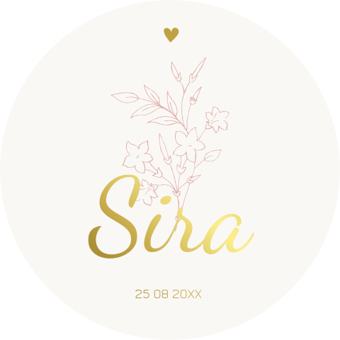 Uniek rond geboortekaartje met goudfolie en bloemen voor een meisje