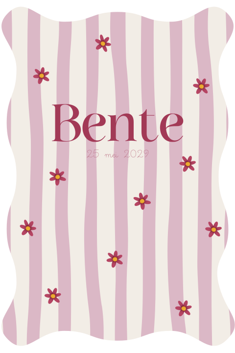 Geboortekaartje met golvende rand en bloemen op roze strepen