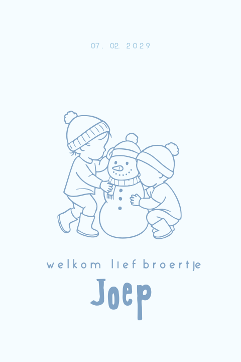 Winter geboortekaartje met broertjes en sneeuwpop in lijntekening