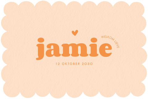 Origineel geboortekaartje met bubbelrand in peach color block