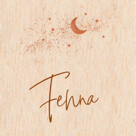 Echt houten geboortekaartje meisje maan en sterrenstof