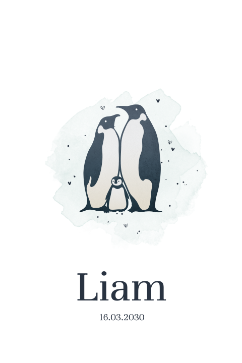 Rondhoek geboortekaartje voor jongen met pinguïn gezinnetje