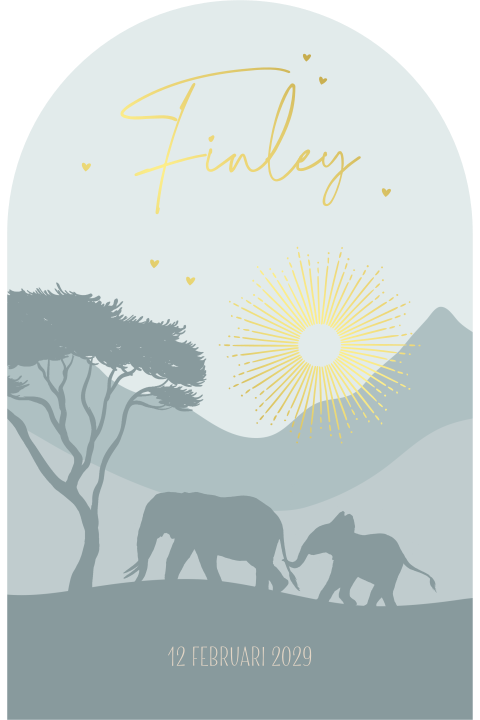 Uniek geboortekaartje met landschap, olifanten en goudfolie