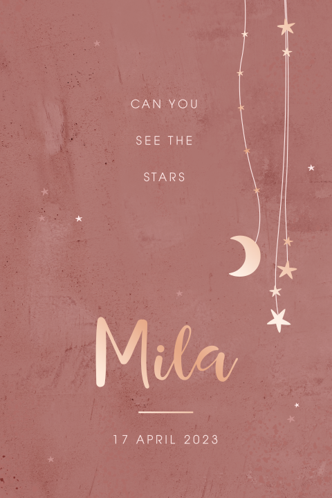 Hip geboortekaartje voor dochter met roségoudfolie en donkerroze