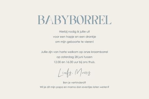 Kraamfeest uitnodiging in blauw beige