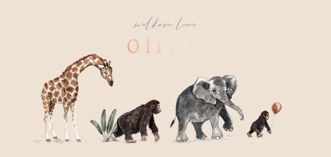 Roségoudfolie geboortekaartje met jungle diertjes in optocht