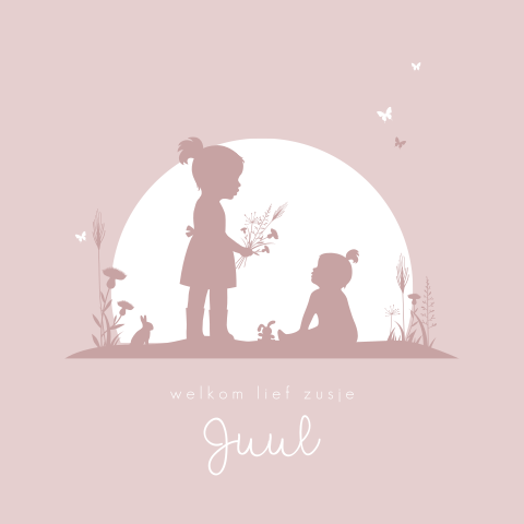 Lief roze geboortekaartje meisje met silhouetjes van zusjes